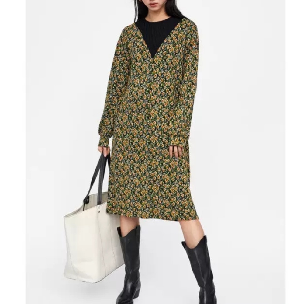Zara Floral Midi with Knitted Sweater Neckline